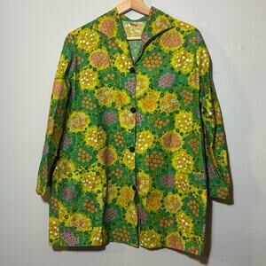 Men's L Vintage 60's/70's Handmade Green Floral Bright Button Up Long Sleeve
